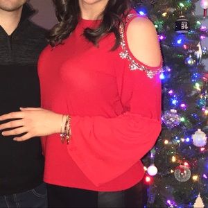 INC Red Cold Shoulder Top